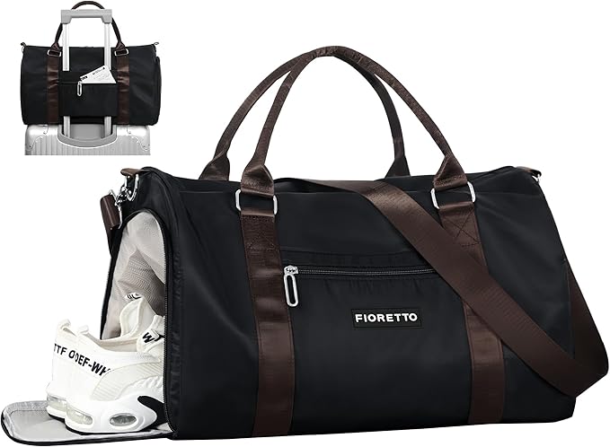 FIORETTO Womens Gym Tote Duffle Bag with Wet Pocket & Shoe Compartment, Sports Duffel Overnight Weekender Hospital Workout Carry on Bag for Girls, Ideal for Travel, Swimming, Dance, Ballet Black-StrideForce Fitness