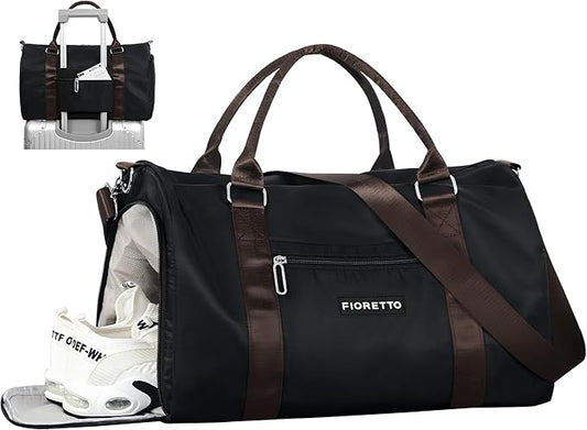 FIORETTO Womens Gym Tote Duffle Bag with Wet Pocket & Shoe Compartment, Sports Duffel Overnight Weekender Hospital Workout Carry on Bag for Girls, Ideal for Travel, Swimming, Dance, Ballet Black-StrideForce Fitness
