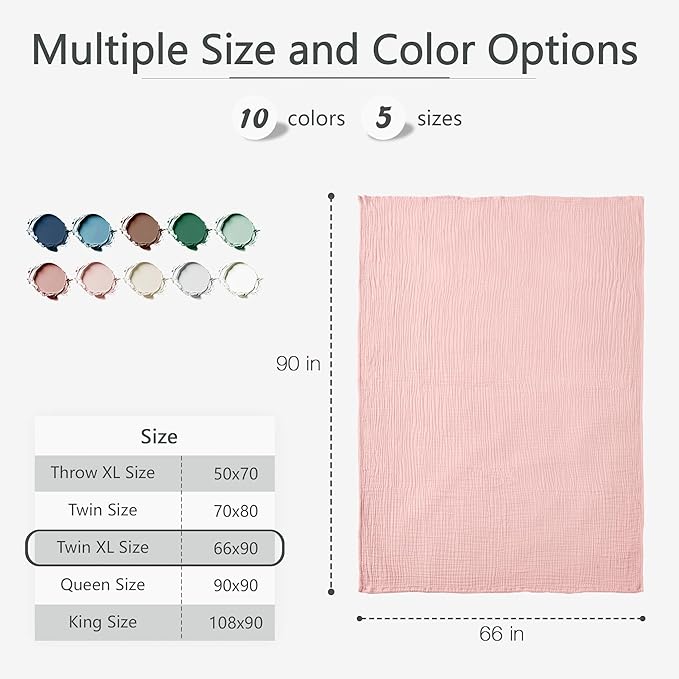 Carriediosa 100% Cotton Muslin Throw Blanket 66" X 90" Twin XL Size，4-Layers Summer Gauze Throws for Bed Couch，Soft Lightweight Breathable Linen Blankets Bedspread for Adults All Season，Dusty Pink-StrideForce Fitness