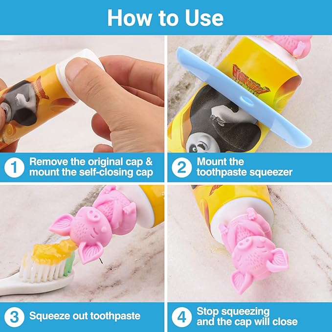 Self-Closing Toothpaste Caps by Tilcare - No Waste Cap Dispensers for Kids Bathroom - Mess-Free Toothpaste Lids - Easy to Use, Food Grade Silicone and BPA-Free Toppers
