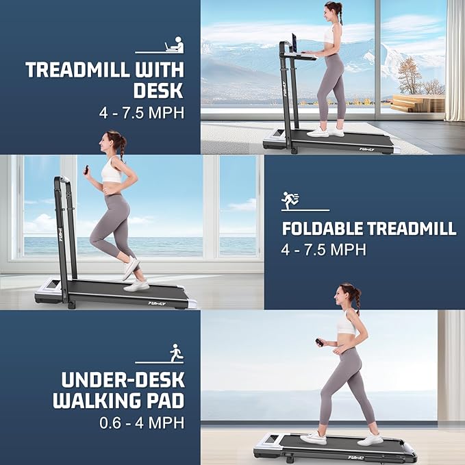 Walking Pad Treadmill with Desk Workstation, 10% Incline Foldable Treadmill with Handrail, 300lbs Capacity, 3 Control Methods, 8 in 1 Folding Treadmills for Home Office-StrideForce Fitness