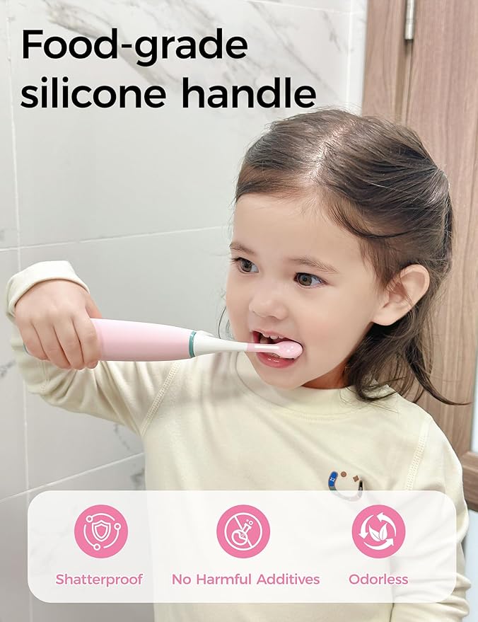 SEAGO Kids Electric Toothbrushes for Ages 5-8 with 2 Sizes Soft Brush Heads, Soft Silicone Handle, 2-Min Timer, IPX7 Waterproof, 35000VPM, Rechargeable 70 Day Battery Life with Charging Base (Pink)
