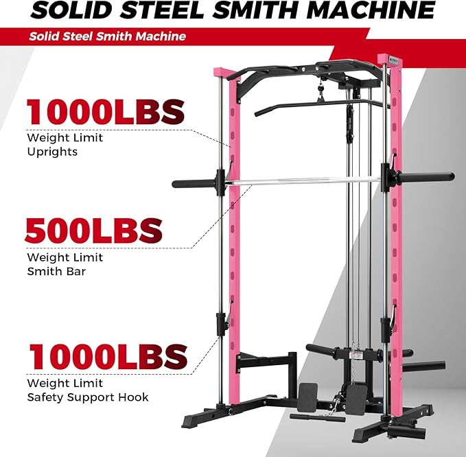 RitFit Smith Machine Power Rack with LAT-Pull Down System, Landmine, Barbell Bar, Plate Storage Pegs and More Training Attachment-StrideForce Fitness