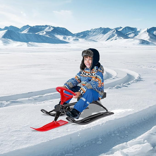 Snow Racer Sled, Ski Sled Slider Board with Steering Wheel, Twin Brakes, Anti-Slip Pedal, Snow Sled for Kids-StrideForce Fitness