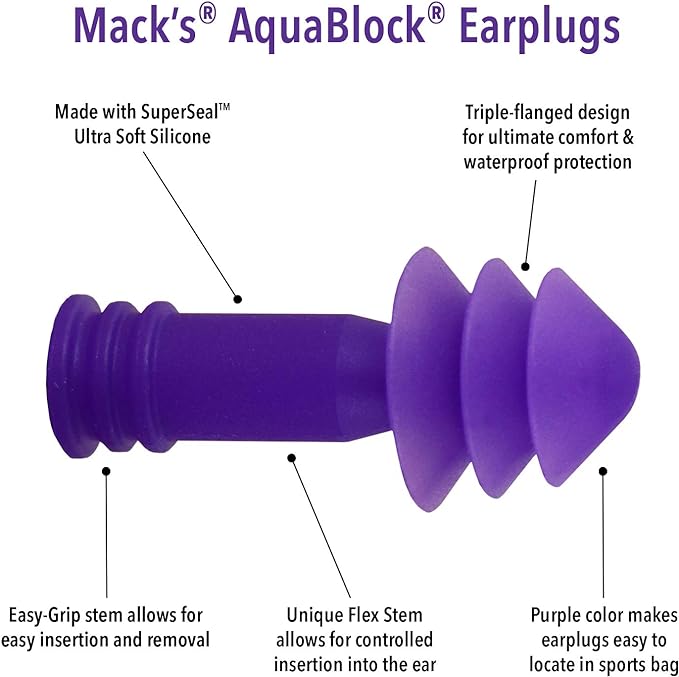 Mack's AquaBlock Swimming Earplugs, 3 Pair - Comfortable, Waterproof, Reusable Silicone Ear Plugs for Swimming, Snorkeling, Showering, Surfing and Bathing (Purple)-StrideForce Fitness