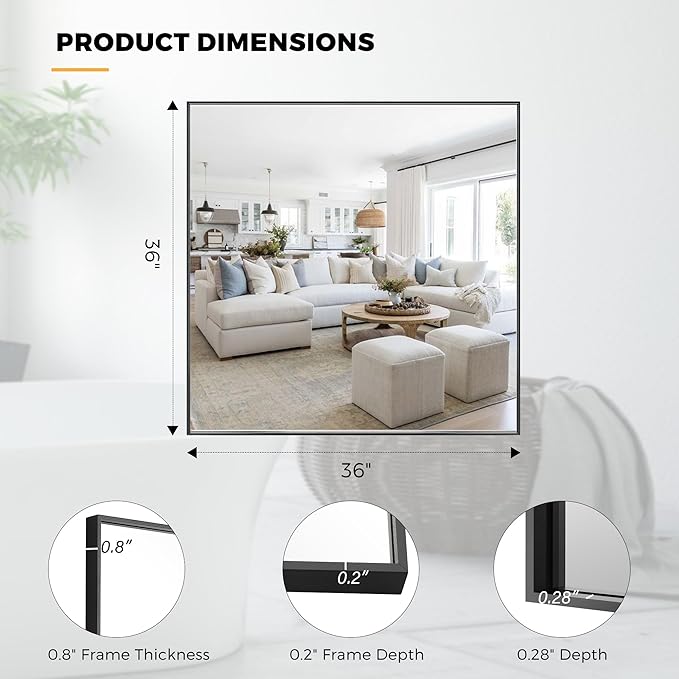36x36 Inch Black Bathroom Mirror for Wall, Aluminum Frame Rectangle Rectangular Vanity Mirror, Modern Large for Bedroom, Living Room, Horizontal or Vertical-StrideForce Fitness