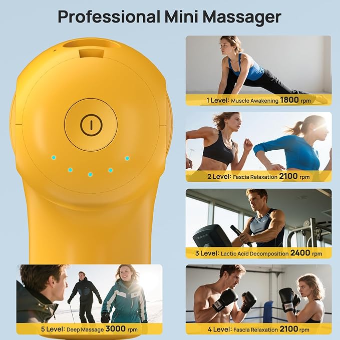 Mini Massage Gun Deep Tissue, Handheld Portable Mini Travel Size Percussion Deep Tissue Massager with 4 Attachments & 5 Speeds, Ideal Gift for Men & Women, Yellow