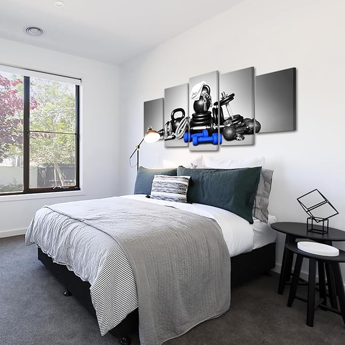 KREATIVE ARTS Large 5 Panel Wall Art Fitness Equipment Canvas Prints Black and Blue Gym Pictures for Boys Men Bedroom Artwork Painting Home Decor Sportsman Gifts Decoration-StrideForce Fitness