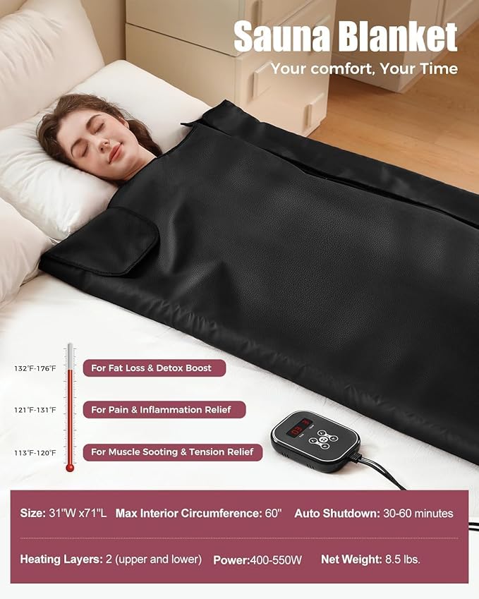 Infrared Sauna Blanket - Portable Far Infrared Sauna for Home Relaxation - PU Sauna Blanket - Infrared Blanket Sauna with 77–176 °F Temp Range（Pure Black）-StrideForce Fitness