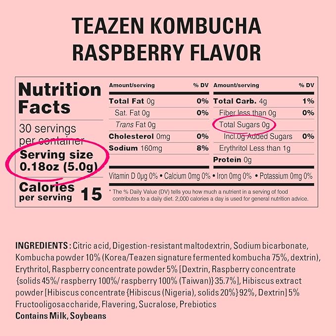 TEAZEN Raspberry Kombucha Tea, Hydration Drink Mix, Sugar Free, Live Probiotics & Prebiotics, 30 Sticks, 5.29oz-StrideForce Fitness