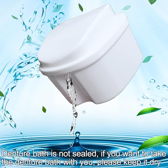Denture Soaking Box Orthodontic Retainer Bath Case with Strainer Basket, False Teeth Container Dental Denture Bath Box Case Cup for Travel Cleaning - White