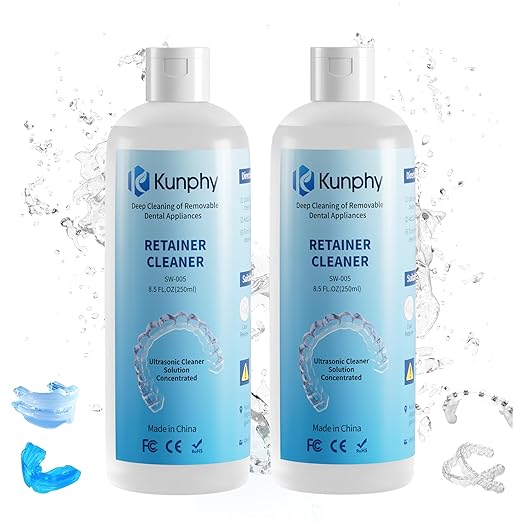 2 Pack Ultrasonic Retainer Cleaner Solution for Sonic Denture Cleaner-Professional Cleaning of Retainers, Invisible Aligners, Mouth Guards, Night Guards, Remove Odors, Discoloration & Stains 8.5oz