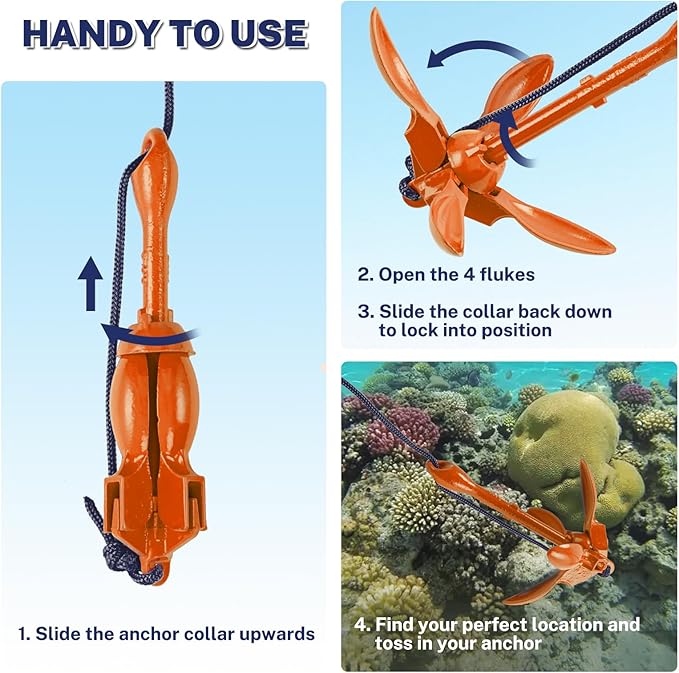 Dreizack Kayak Anchor Kit, 3.5 lb Folding Grapnel Boat Anchor Trolley Accessories with 40ft Rope and PVC Buoy for Fishing Kayaks SUP Paddle Boards Canoes Jet Ski PWC Inflatable Small Boats-StrideForce Fitness