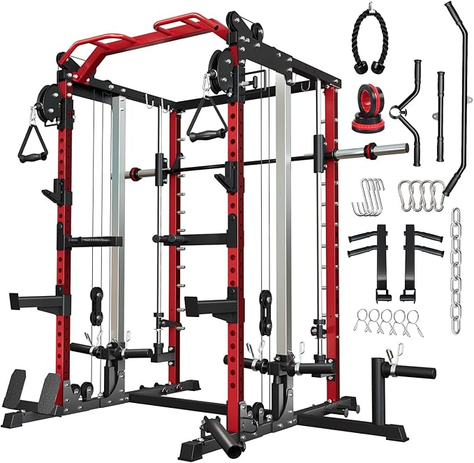 Smith Machine Home Gym, Multi-Function Power Cage with Dual Pulley Cable Crossover System, All-in-One Squat Rack with Smith Bar and Strength Training Attachments for Full-Body Workouts-StrideForce Fitness