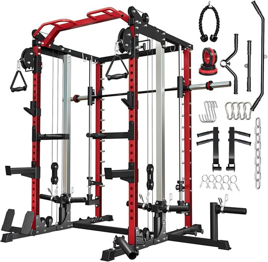 Smith Machine Home Gym, Multi-Function Power Cage with Dual Pulley Cable Crossover System, All-in-One Squat Rack with Smith Bar and Strength Training Attachments for Full-Body Workouts-StrideForce Fitness