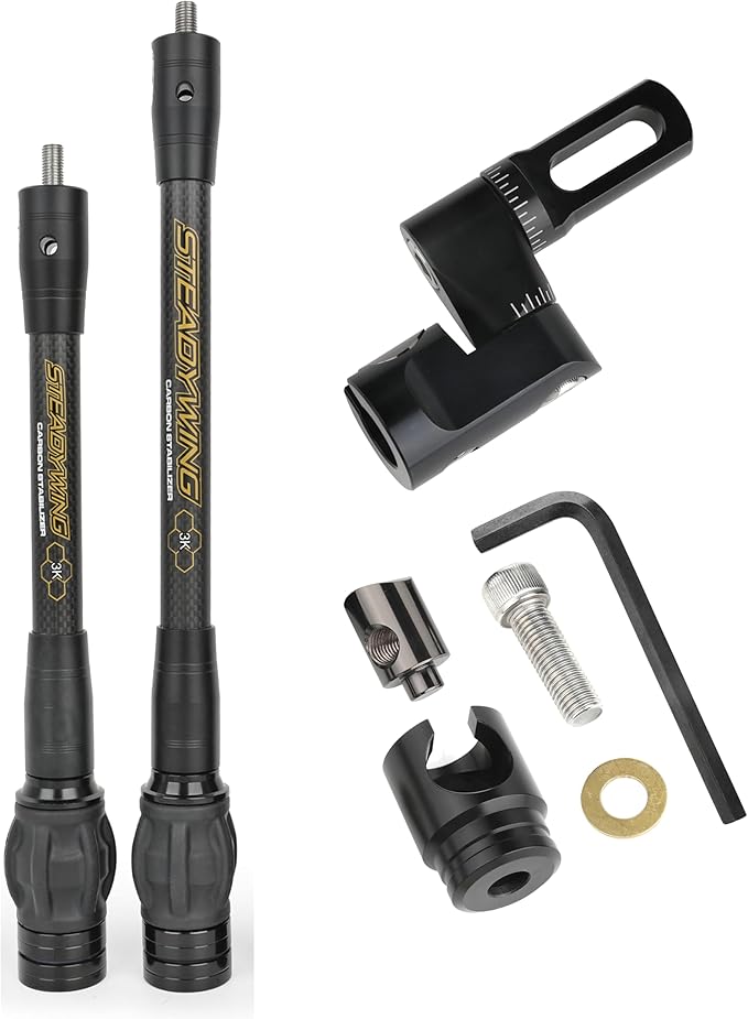 AMEYXGS Archery Bow Stabilizer for Compound Bow, 3K Carbon Fiber 6", 8", 10", 12" 15" Rods, Damping System, Weights Kit, Single Side V-Bar Mount,Quick Disconnect-StrideForce Fitness