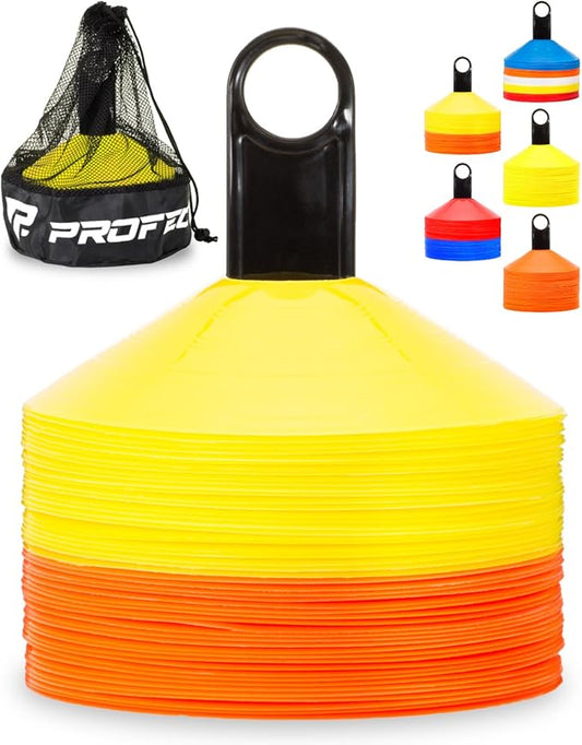 Pro Disc Cones (Set of 50) - Agility Soccer Cones with Carry Bag and Holder for Sports Training, Football, Basketball, Coaching, Practice Equipment, Kids - Includes 15 Best Cone Drills Book-StrideForce Fitness