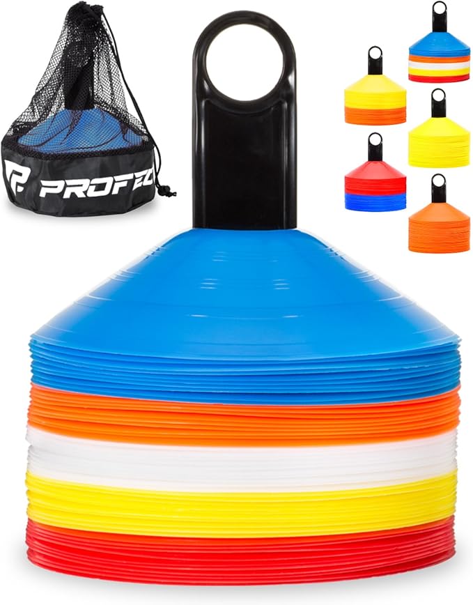 Pro Disc Cones (Set of 50) - Agility Soccer Cones with Carry Bag and Holder for Sports Training, Football, Basketball, Coaching, Practice Equipment, Kids - Includes 15 Best Cone Drills Book-StrideForce Fitness