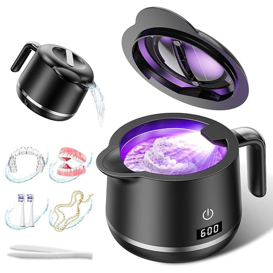 Ultrasonic Retainer Cleaner Machine - 45kHz Ultrasonic Cleaner - 200ML Mouth Guard & Denture Cleaner Pod & Jewelry - 5 Modes with Digital Timer - Upgrade Water Bottle Design