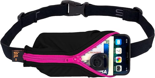SPIbelt Running Belt for Women Men, Phone Holder for Running, Running Fanny Pack, Holder for Phone, Running Waist Pack, Adjustable Waist, [Fits All Phones]. Black with Hot Pink Zipper-StrideForce Fitness
