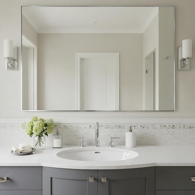 30x40 Inch Nickel Bathroom Mirror for Wall, Aluminum Frame Rectangle Rectangular Vanity Mirror, Modern Large for Bedroom, Living Room, Horizontal or Vertical-StrideForce Fitness