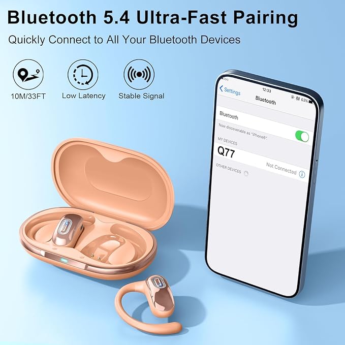 Open Ear Headphones, Bluetooth 5.4 Earbuds, 50H, Air Conduction Ear buds, HD Stereo Bass Over Ear Earphones with Earhooks, Ultra-Comfort Secure Fit, IPX7 Waterproof Headset for Working Sports, Orange-StrideForce Fitness