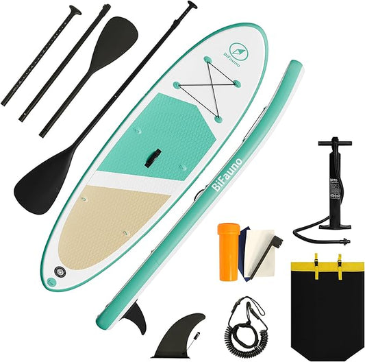 Inflatable Stand Up Paddle Board with SUP Accessories & Backpack. Paddle Boards for Adults. Non-Slip Deck, Wide Stance, Bottom Fin, Double Action Pump.-StrideForce Fitness