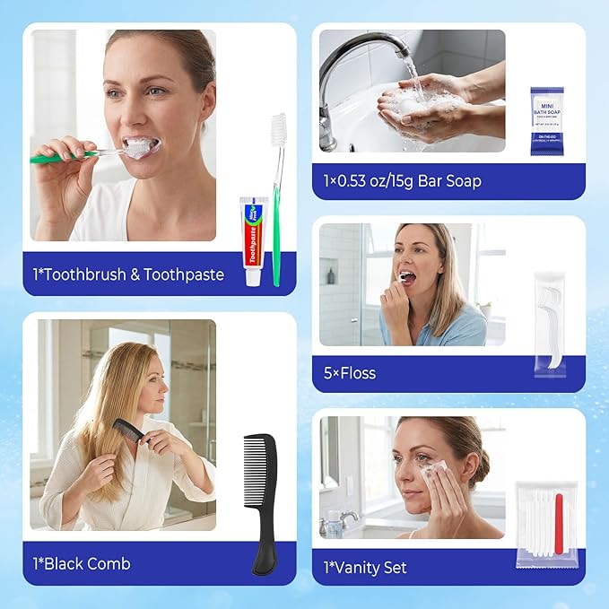 Xuezoioy 100 Sets Personal Hygiene Kit Bulk,9-IN-1 Green Disposable Toothbrushes with Toothpaste Floss Comb Soap Cover and Hotel Vanity Set Basic Travel Toiletry Supplies for Homeless,Travel,Guests