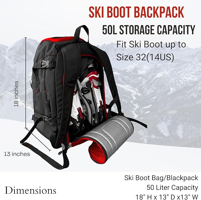 Savvycraft Ski Boot Bag Snowboard Boot Bag, 50L Ski Backpack for Ski and Snowboard Boots, Helmets, Gloves, and Accessories, Lightweight, Durable, Convenient, Red-StrideForce Fitness
