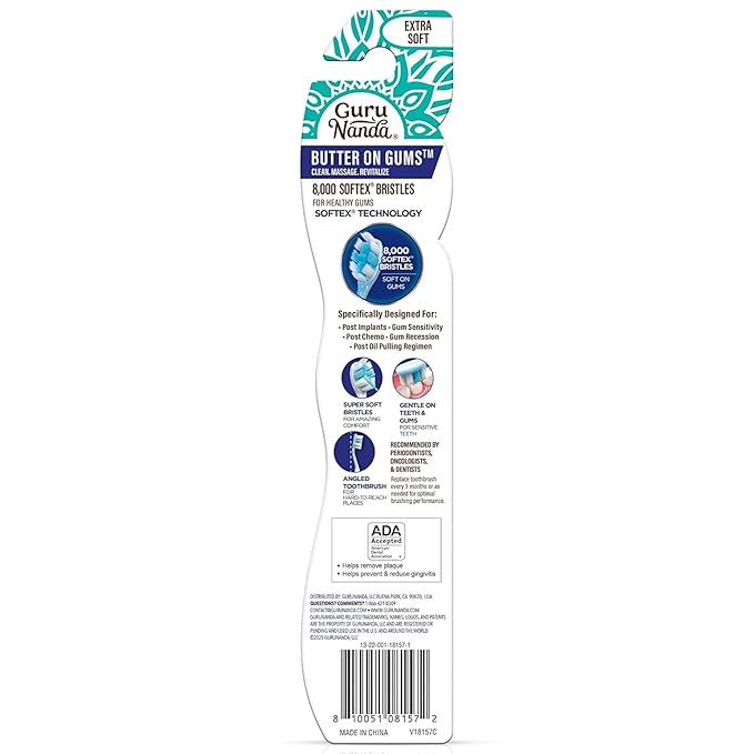GuruNanda Butter On Gums Toothbrush, ADA Accepted, With 8000+ Ultra Soft Softex Bristles for Sensitive & Receding Gums, Perfect for Whiter Teeth, 1 Ct
