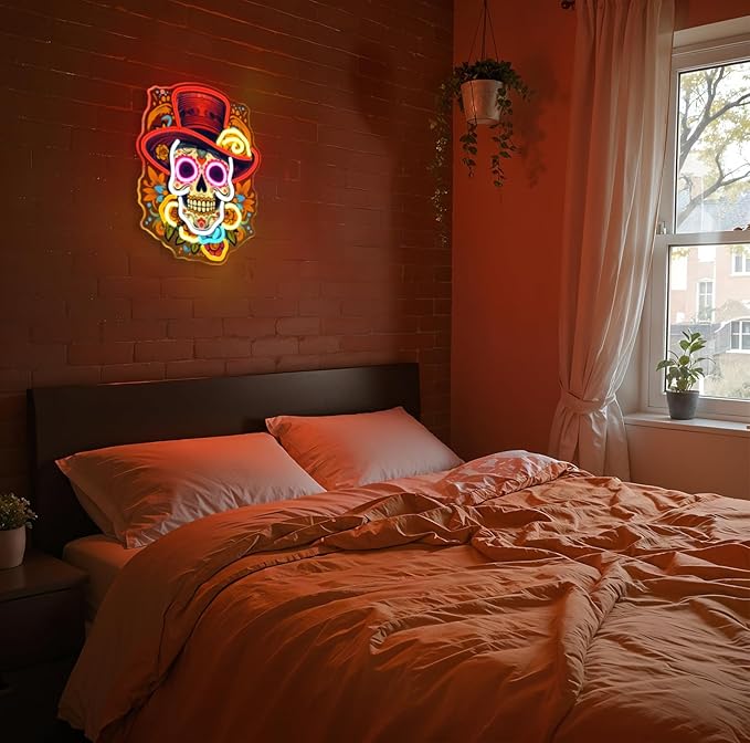 Day of the Dead Neon Sign - Mexican Sugar Skull LED Neon Light for Home & Bar Decor,UV Printed Art with Flexible LED Strip,Halloween & Día de Muertos Party Decoration (Red）-StrideForce Fitness