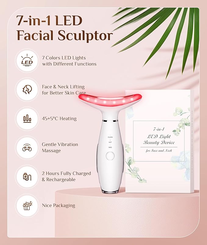 7 Color Galvanic Machines - Red Light Therapy for Face and Neck, Face Massager Tool for Wrinkles, Double Chin, Vibrating Facial Massager with Thermals, White-StrideForce Fitness