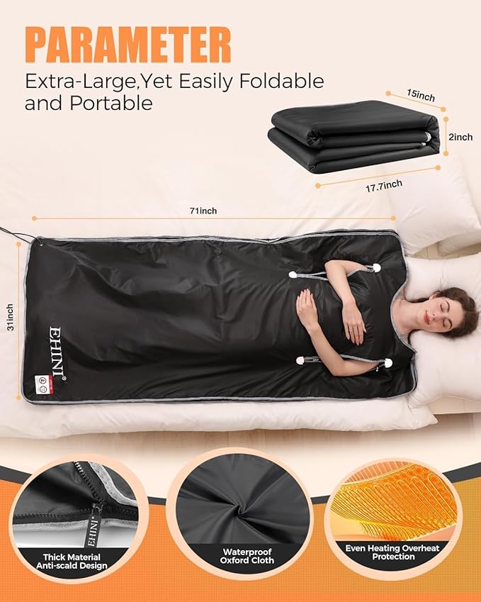 Infrared Sauna Blanket-Sauna Blanket for Home Use, Portable Design for Relaxation and Detoxification Highest 176℉, 20-60 Minutes Timer, 6 ft x 2.65 ft（Pitch-Black）-StrideForce Fitness