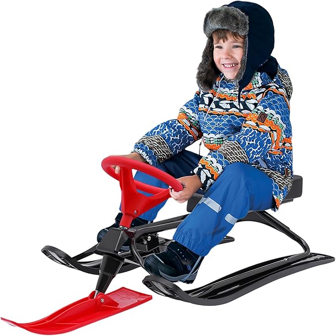 Snow Racer Sled with Steering Wheel and Brakes, Durable Steel Frame, Downhill Steerable Sled for 220 LBS Kids, Teenagers, Adults-StrideForce Fitness