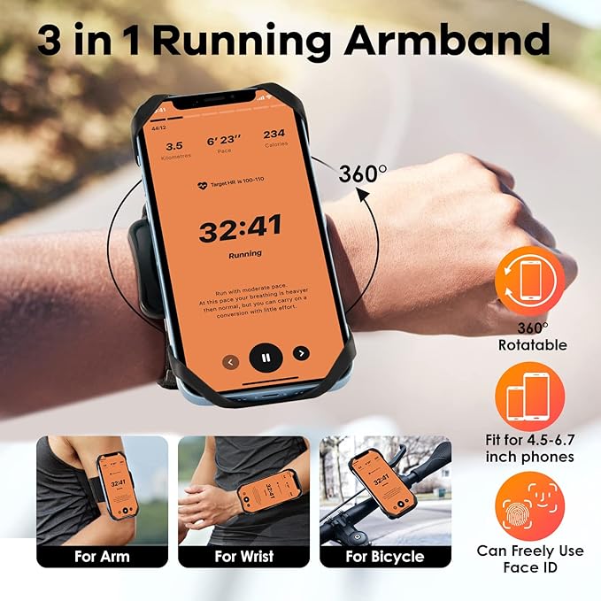 Cikyner Running Armband, Upgraded 3 in 1 Running Phone Holder Sports Armband Bicycle Phone Holder 360° Rotatable & Detachable Running Phone Armband for 4.5-7'' iPhone for Gym Running Hiking-StrideForce Fitness