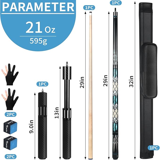 Kmise Professional Pool Cue Stick - 19 20 21oz Canadian Maple Cue Sticks, Low Deflection Shaft with Telescopic Carbon Fiber Extension, Pool Sticks for Aults, Billiard Cue Sticks with Leather Cue Case-StrideForce Fitness