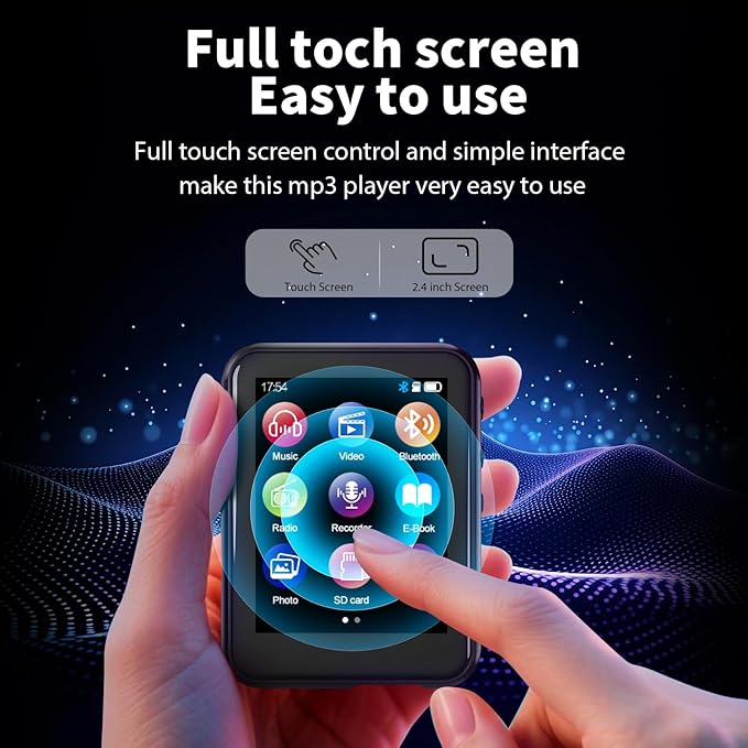 64GB MP3 Player with Bluetooth 5.3, QNGEE 2.4 inch Full Touchscreen Music MP3 for Kids, FM Radio, Voice Recorder, HiFi Sound, E-Book, Earphones Included-StrideForce Fitness