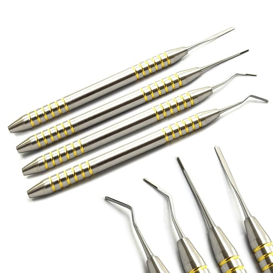 MEDSPO Professional Dental Instruments Osteotome Periotome Luxating Elevator Implant | Orthodontic PDL Teeth | Surgical Root Extraction Spreading (Periotome Gold Set Of 4)