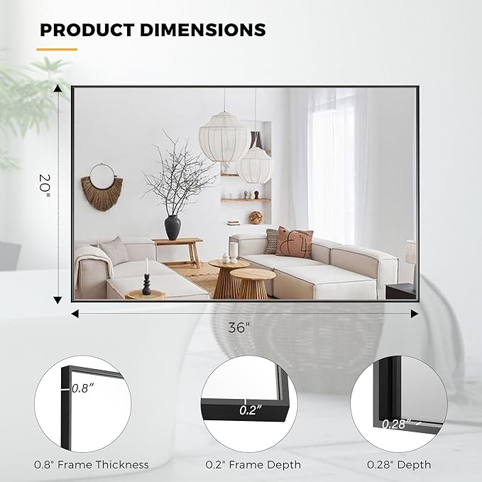 20x36 Inch Black Bathroom Mirror for Wall, Aluminum Frame Rectangle Rectangular Vanity Mirror, Modern Large for Bedroom, Living Room, Horizontal or Vertical-StrideForce Fitness