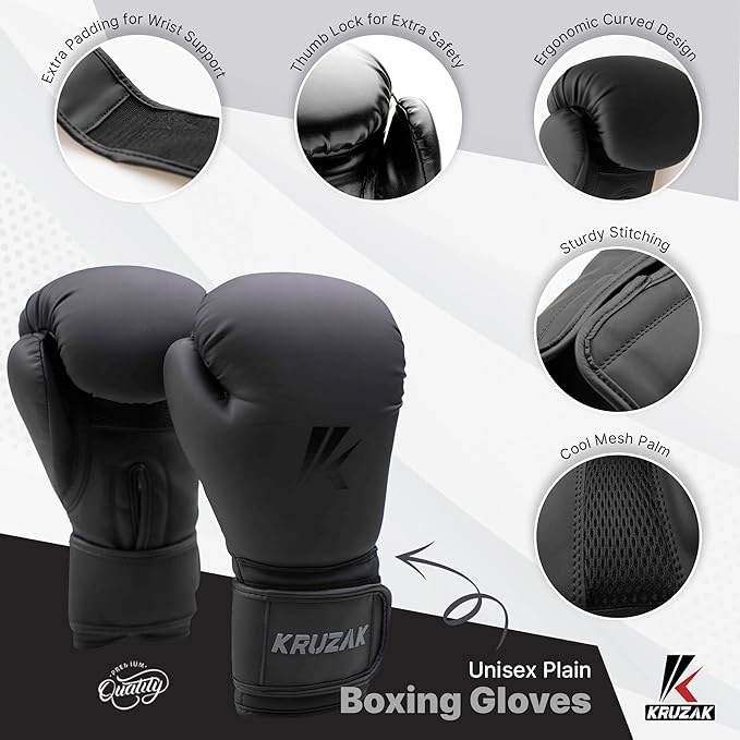 Kruzak Matte Black Boxing Gloves and Pads, Boxing Gloves Training Set for Kickboxing and Muay Thai MMA Training - Boxing Kit for Adults with Punching Pads for Martial Arts and Karate-StrideForce Fitness