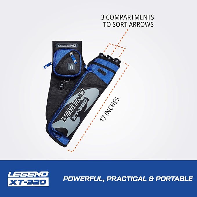 LEGEND XT320 Archery Quivers - Nylon Hip Quivers with 3 Arrow Tube Cases for Target Shooting - Adjustable Waist Belt, T-Slot, Storage Compartments for Accessories, Gear, Tools, Release Tab, Score Card-StrideForce Fitness