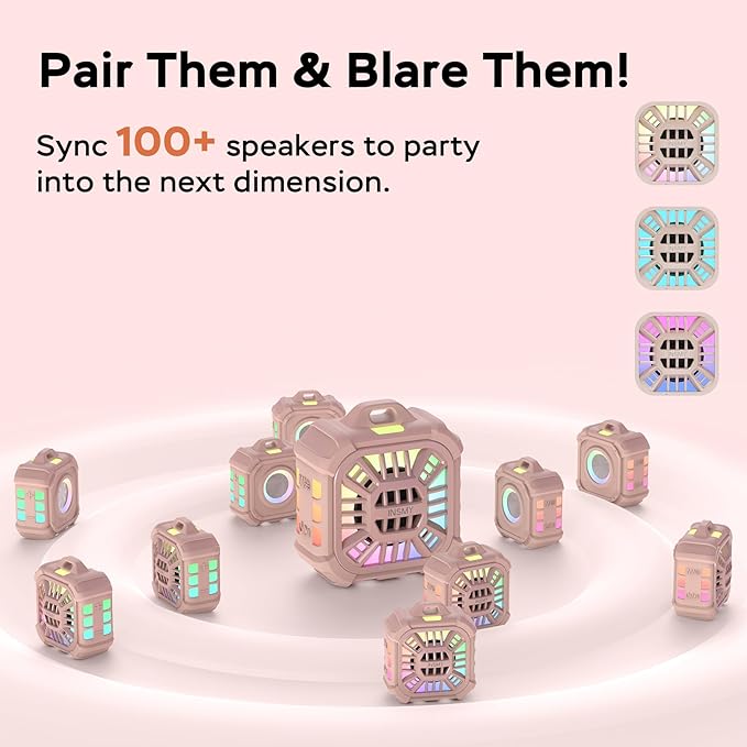 INSMY IP67 Waterproof Bluetooth Speaker, Shower Speaker Portable Small Clip-on, Multi Sync 100+ Speakers, Big Volume Booming Bass, 24H Playtime/Floatable/RGB Lights for Outdoor/Kayak/Beach(Pink)-StrideForce Fitness