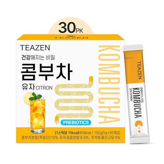 TEAZEN Citron Kombucha Tea, Hydration Drink Mix, Sugar Free, Live Probiotics & Prebiotics, 30 Sticks, 5.29oz-StrideForce Fitness