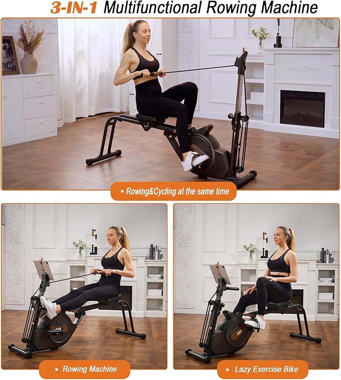 3 in 1 Rowing Machine, Dual Slide Rail 6-Level Adjustable Height with Max 350lb Weight Capacity, Home Fitness Rower for Full Body Workout, App Compatible-StrideForce Fitness