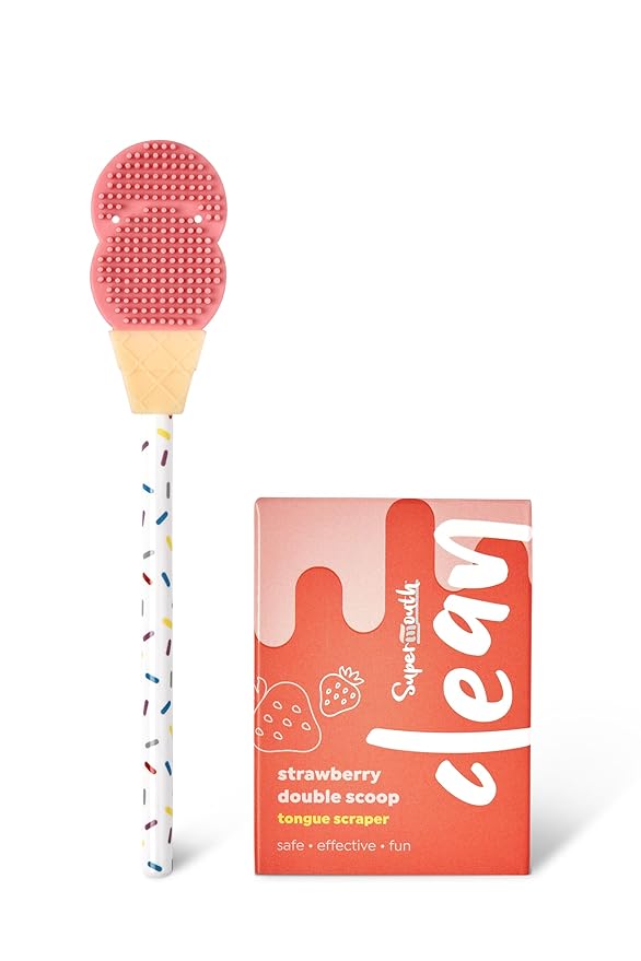 SuperMouth® Double Scoop Kids Tongue Scraper – Dual-Sided Brush & Scraper Removes Odor-Causing Buildup, Fights Bad Breath, Easy-Grip Ice Cream Design, 3 Yummy Scents, Ages 6-12, Essential Oral Care