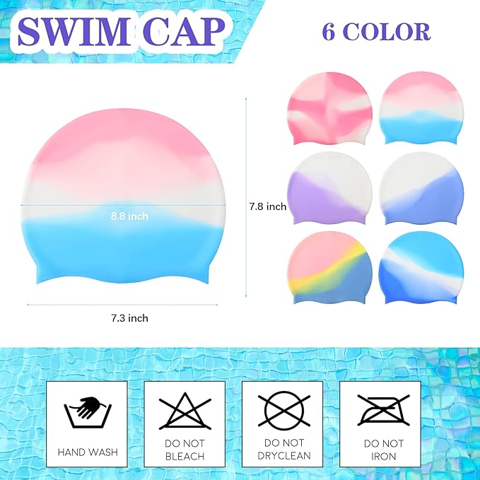 Syhood 6 Pieces Unisex Adult Silicone Swim Cap Waterproof Swimming Hat Non Slip Pool Hat Elastic Silicone Cap for Long and Short Hair-StrideForce Fitness