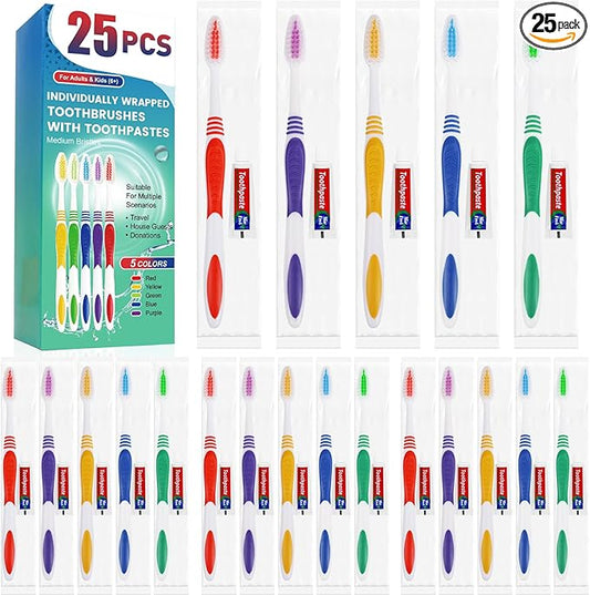 Navona 25 PCS Disposable Toothbrush with Toothpaste Bulk, Travel Toothpaste, Bulk Toothpastes, Individually Wrapped Bulk Toothbrush, Ergonomics Handle,Medium Soft Bristle, Perfect for Travel, Hotel