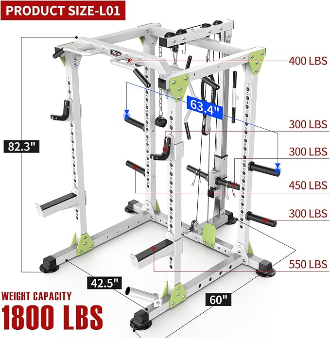Power Cage Multi-Function Power Rack with Cable Crossover System,1800 LBS Capacity Squat Rack with Weight Bench,for Home Gym-StrideForce Fitness
