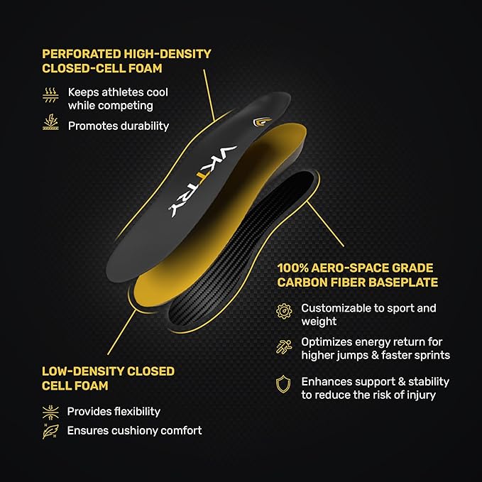 VKTRY Gold for Non-Cleated Shoes - Carbon Fiber Performance Insoles - Customized Athletic Inserts for Sports Basketball Volleyball Running & More | Shock Absorption US M4.5-5, W6.5-7, <120lbs-StrideForce Fitness