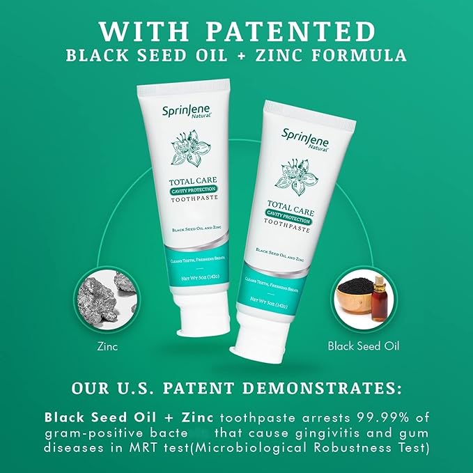 SprinJene Natural Total Care Toothpaste – Fluoride Toothpaste for Cavity Protection & Gum Health – Natural Formula with Patented Black Seed Oil & Zinc – Made in The USA (4 Pack)